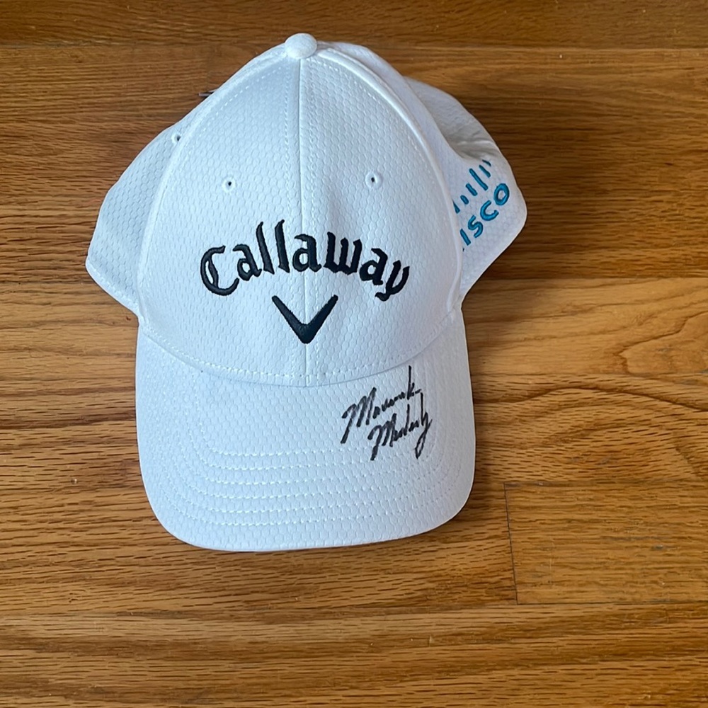 White Callaway golf hat signed by Maverick McNealy, hat is new with tags